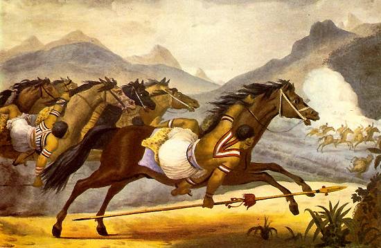 Guaicurú Brazilian Indian warriors on horseback. Historic painting by Jean-Baptiste Debret