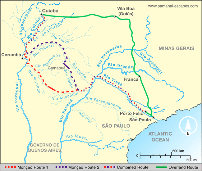 Routes followed by the 18th century Monção River Expeditions to Cuiabá, Brazil.