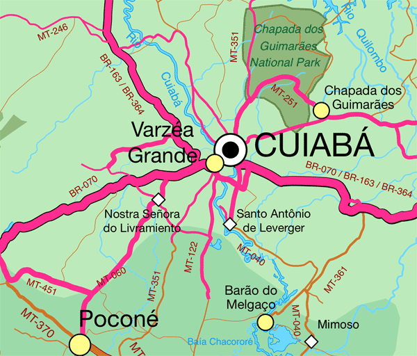 Map showing main routes in and out of Cuiabá © Pantanal Escapes