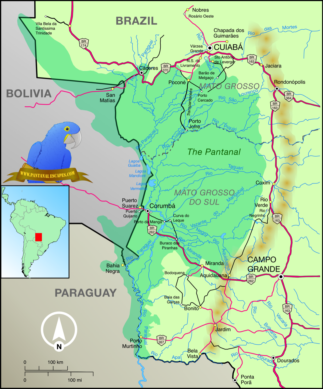 Mappa del Pantanal in Brasile, Bolivia e Paraguay © Pantanal Escapes